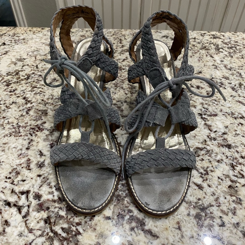 Blue Braided Women's Lace up Sandals with wooden wedge heels.